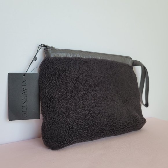 VIAVENETO Delilah Curly Lambskin Shearling Large Pouch/Wristlet- Chocolate Brown - Picture 3 of 16